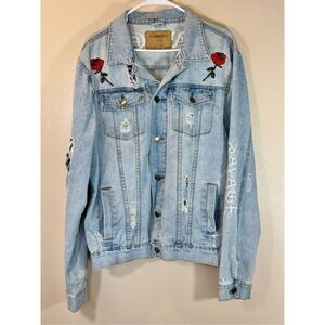 Carbon Savage Embroidered Dragon Rose Distressed Ripped Denim Jacket, Men's XXL